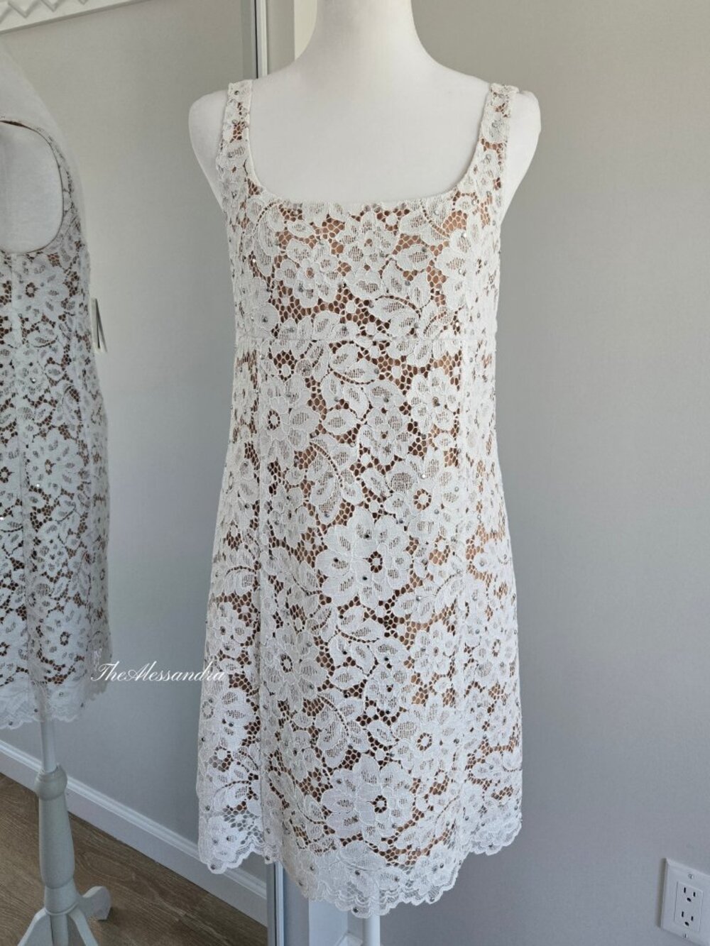 Michael Kors Studded Corded Floral Lace Square Neck Mini Dress Size 4 NWT $298